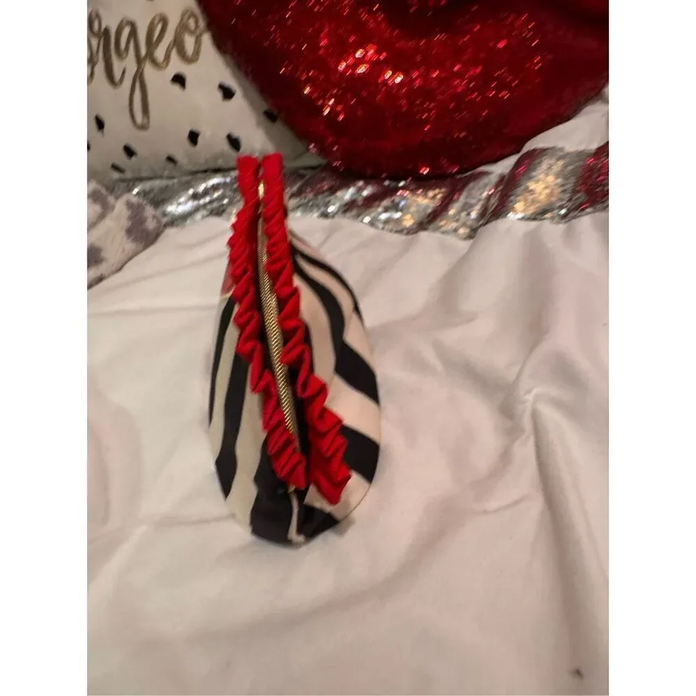 BJ betsey johnson vintage stripe & ruffle top makeup cosmetic small bag heart